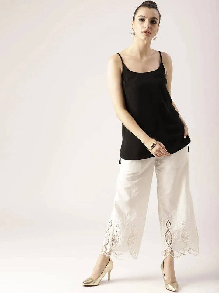 White Solid Cotton Palazzos - Libas