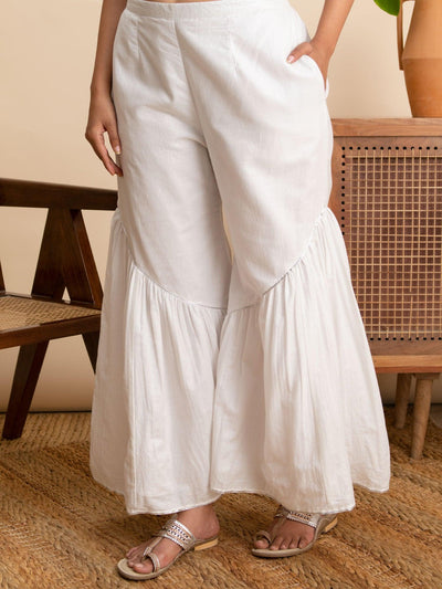 White Solid Cotton Sharara Pants - Libas