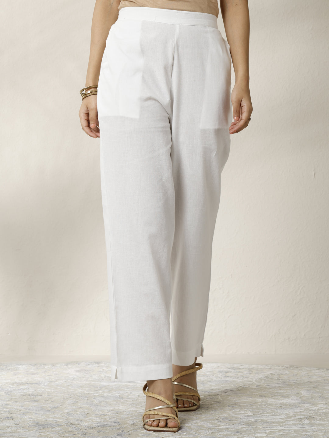  White Solid Cotton Trouser 