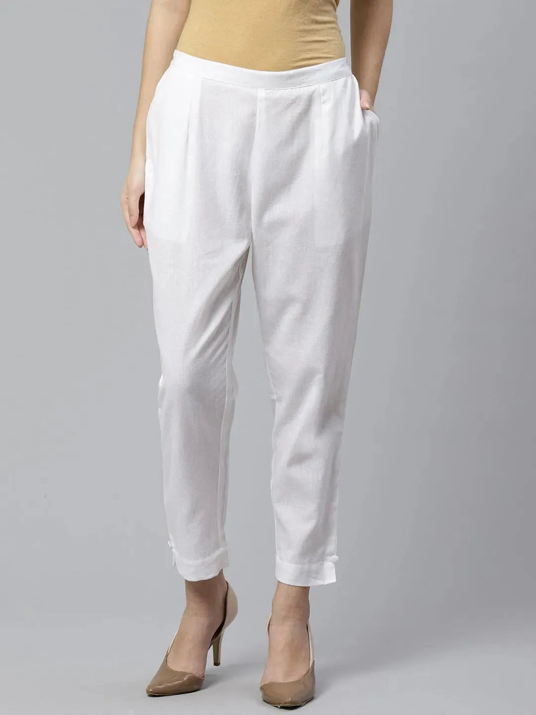 White Solid Cotton Trousers - Libas