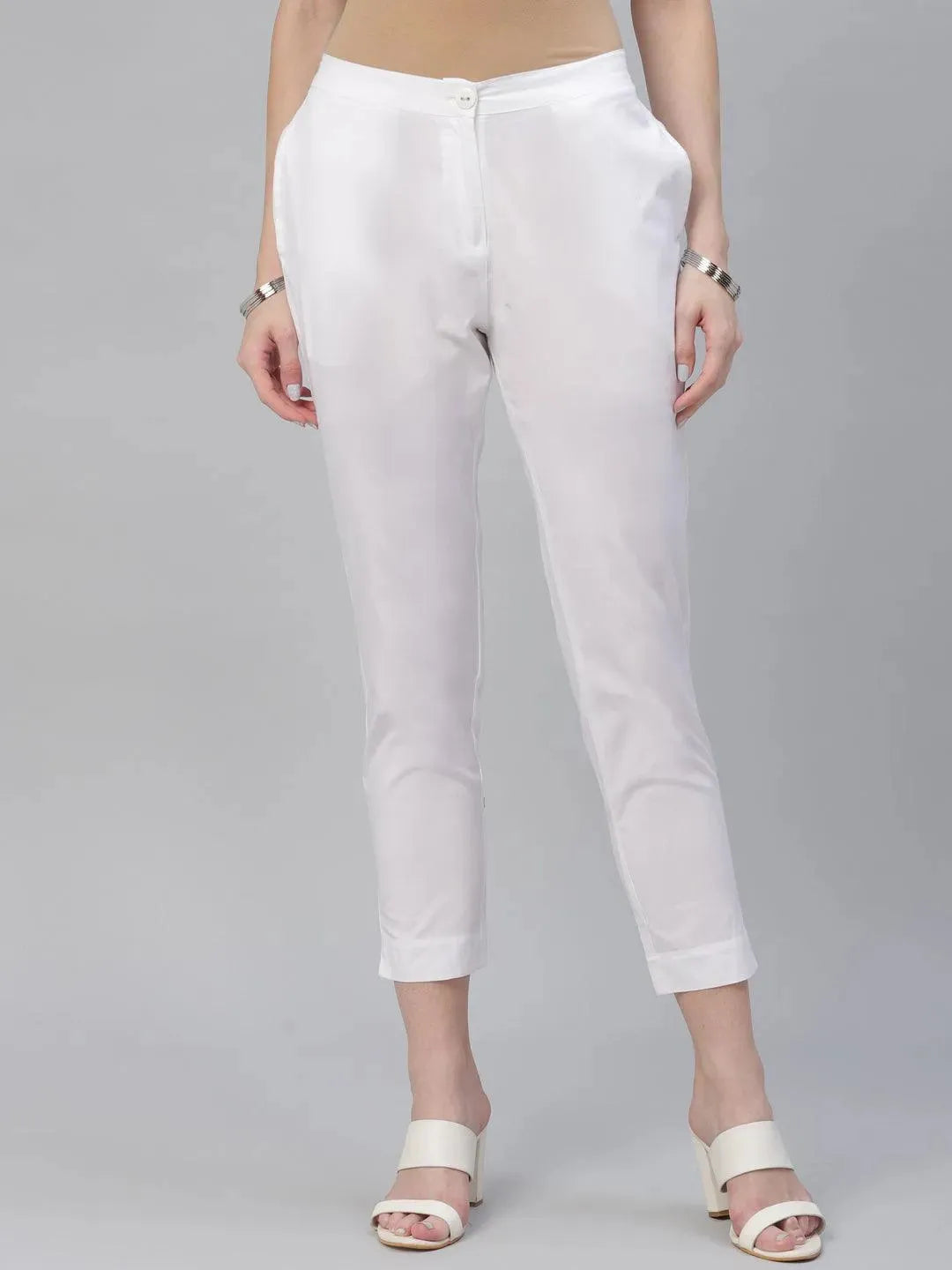 White Solid Cotton Trousers - Libas