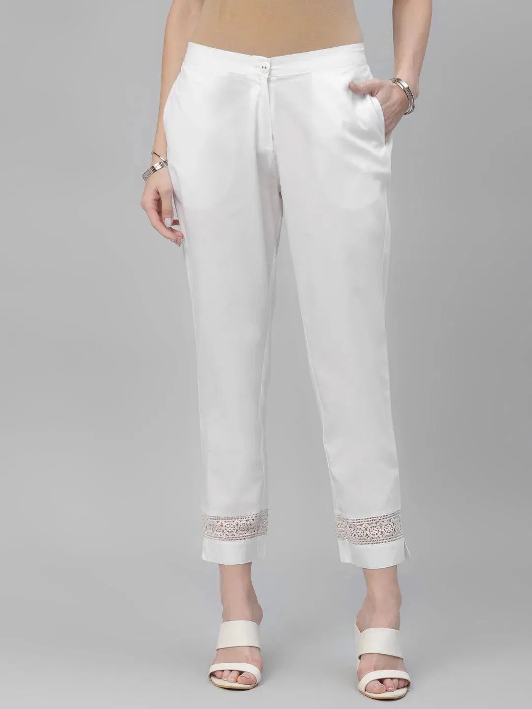 White Solid Cotton Trousers - Libas