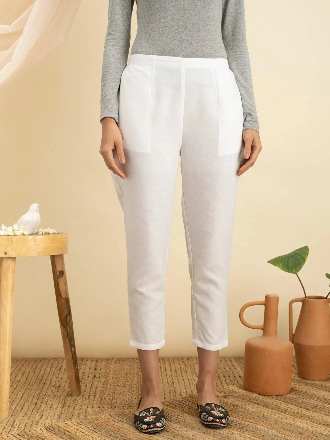 White Solid Cotton Trousers - Libas