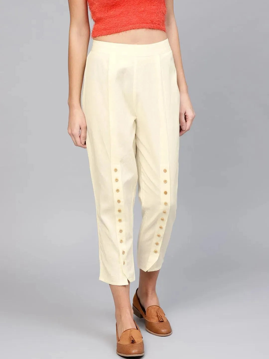 White Solid Cotton Trousers - Libas