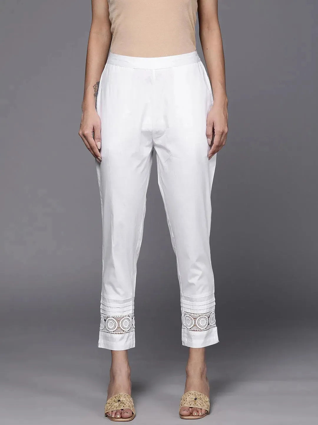 White Solid Cotton Trousers - Libas