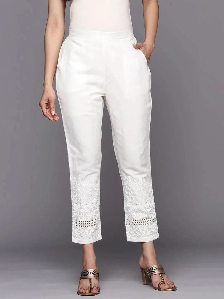 White Solid Cotton Trousers - Libas