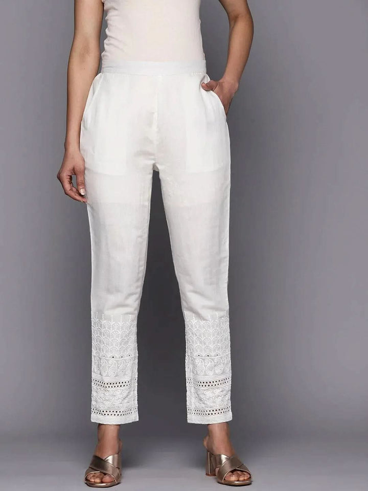 White Solid Cotton Trousers - Libas