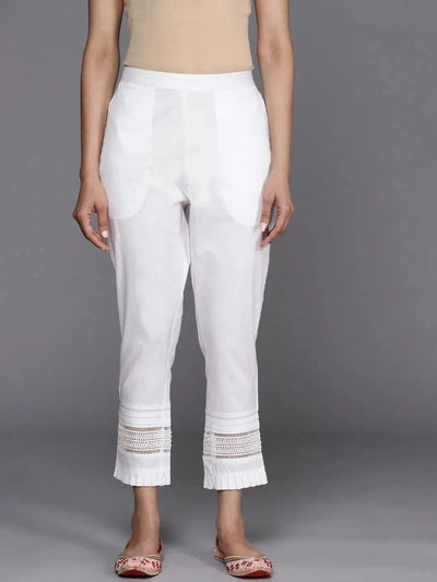 White Solid Cotton Trousers - Libas