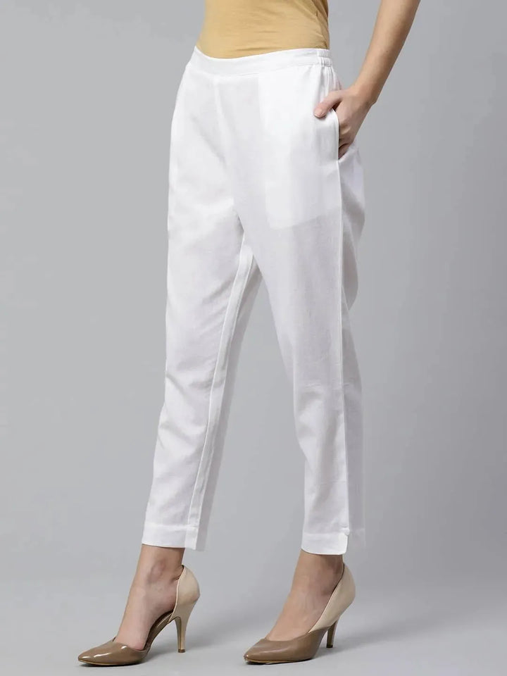 White Solid Cotton Trousers - Libas