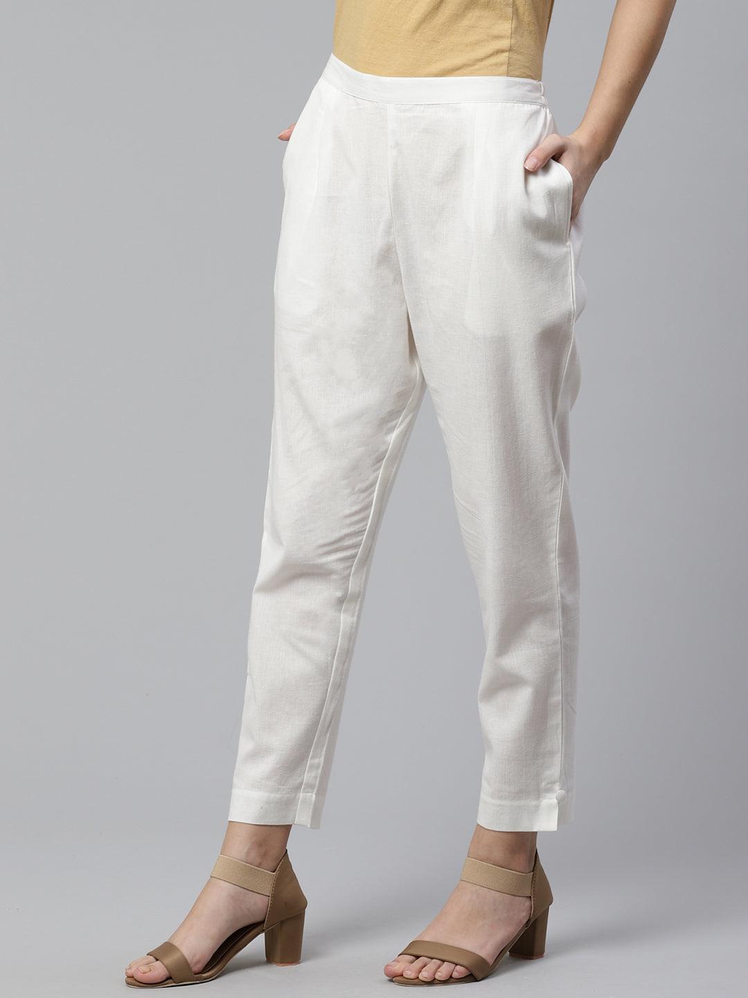 White Solid Cotton Trousers - Libas