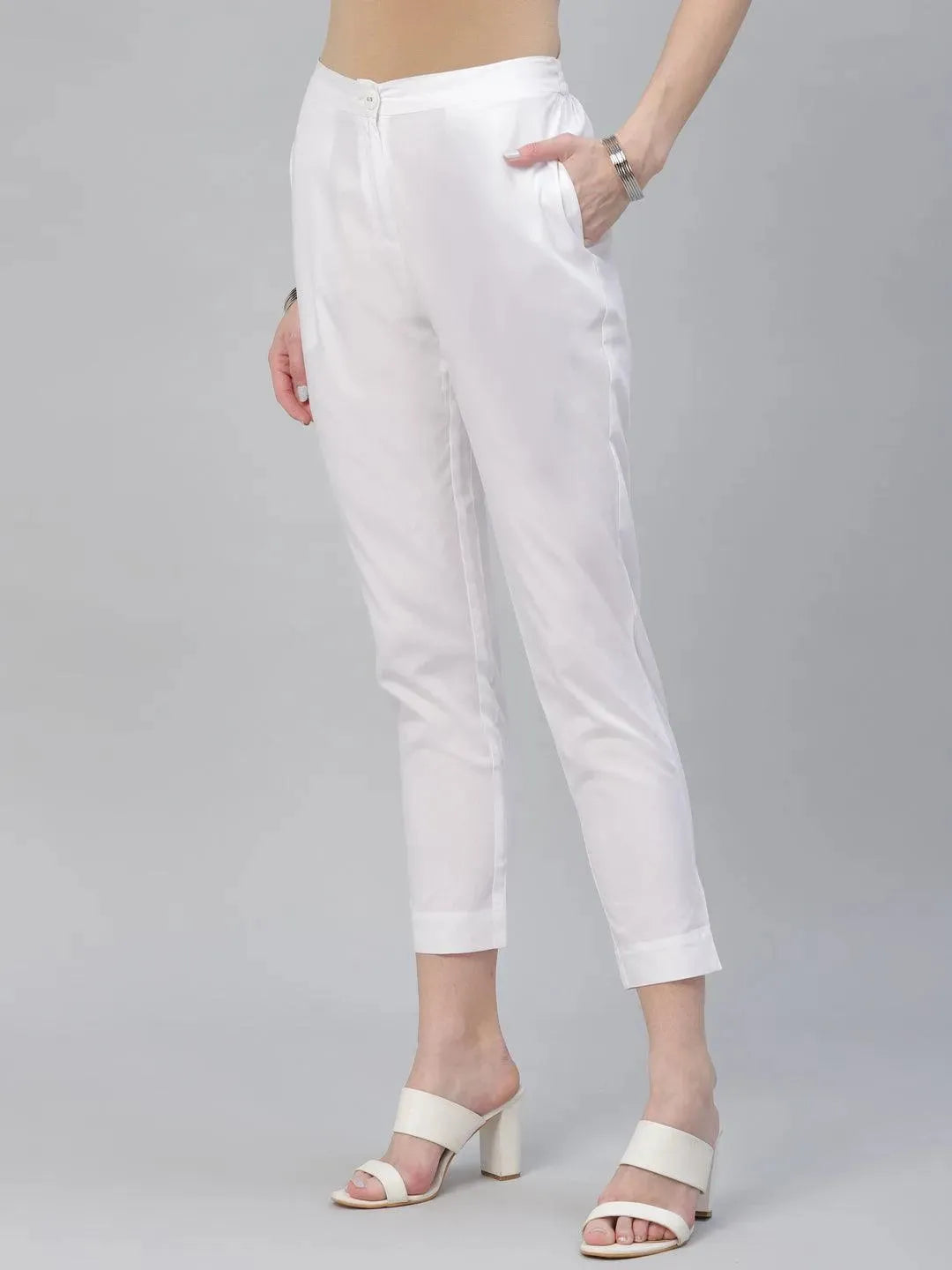 White Solid Cotton Trousers - Libas