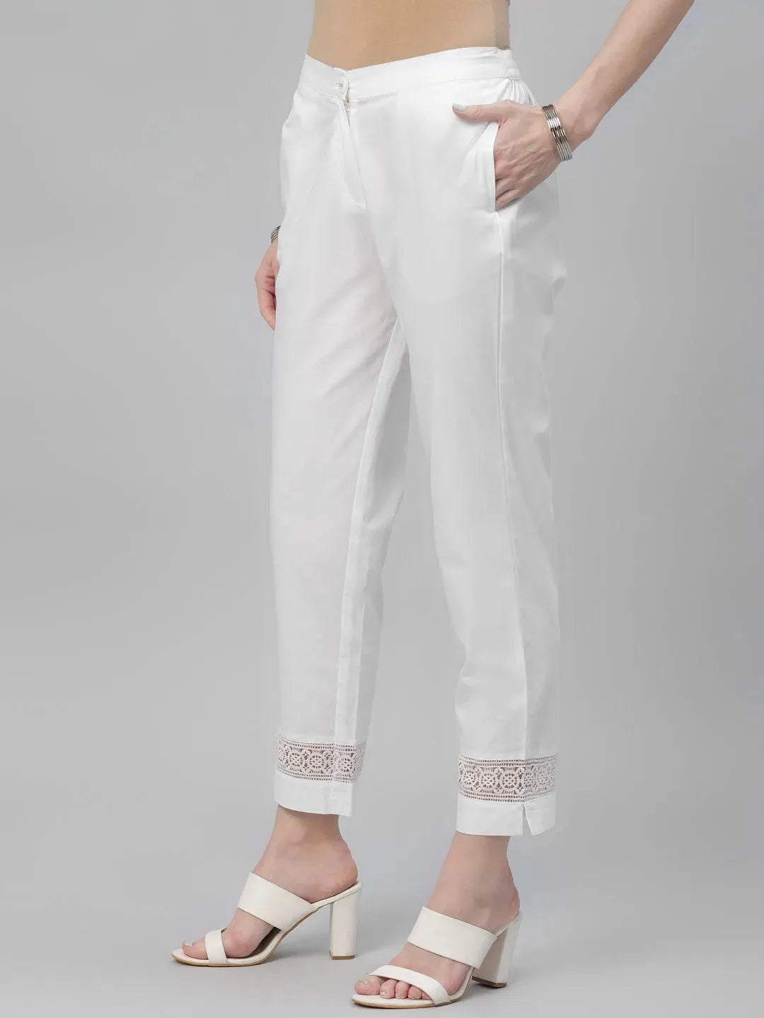 White Solid Cotton Trousers - Libas