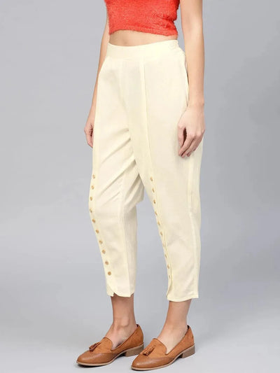 White Solid Cotton Trousers - Libas