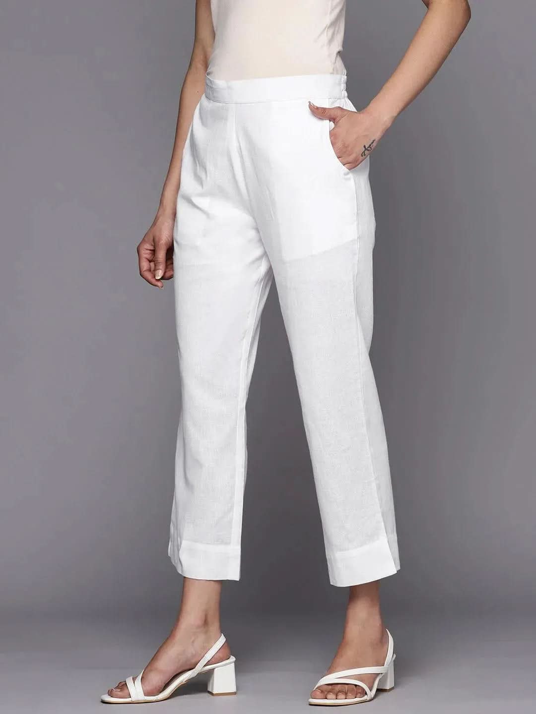White Solid Cotton Trousers - Libas 
