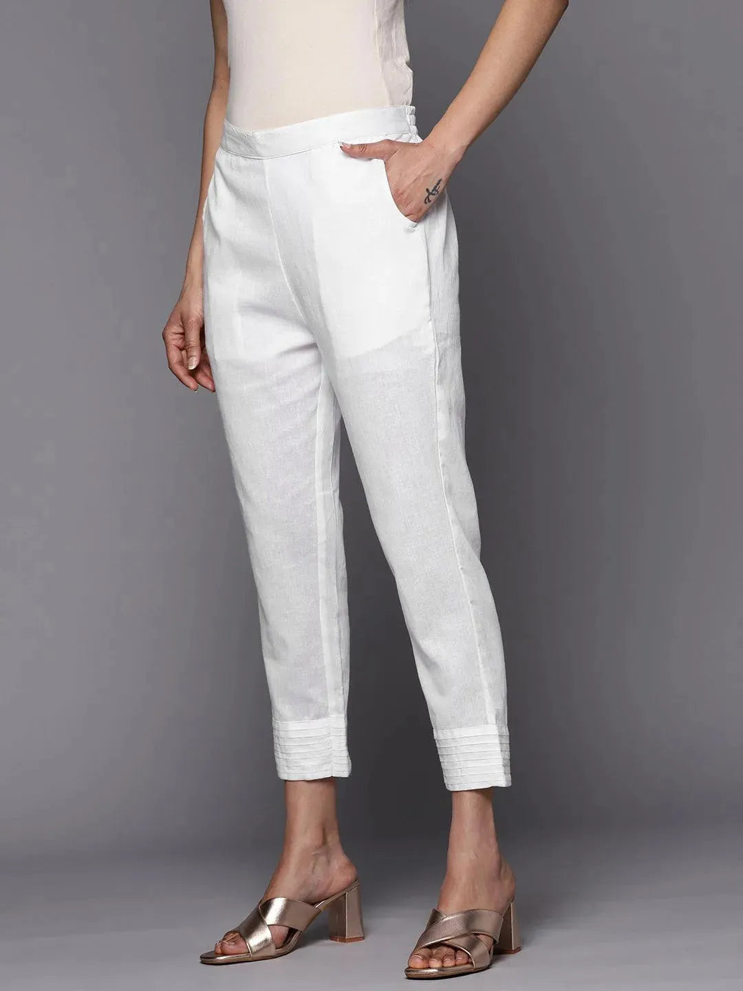 White Solid Cotton Trousers - Libas