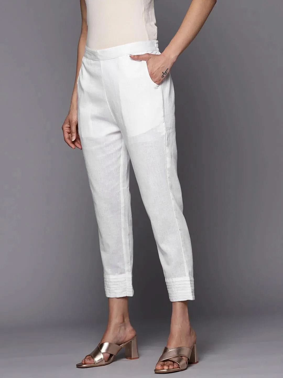 Buy White Solid Cotton Trousers Online at Rs.549 Libas
