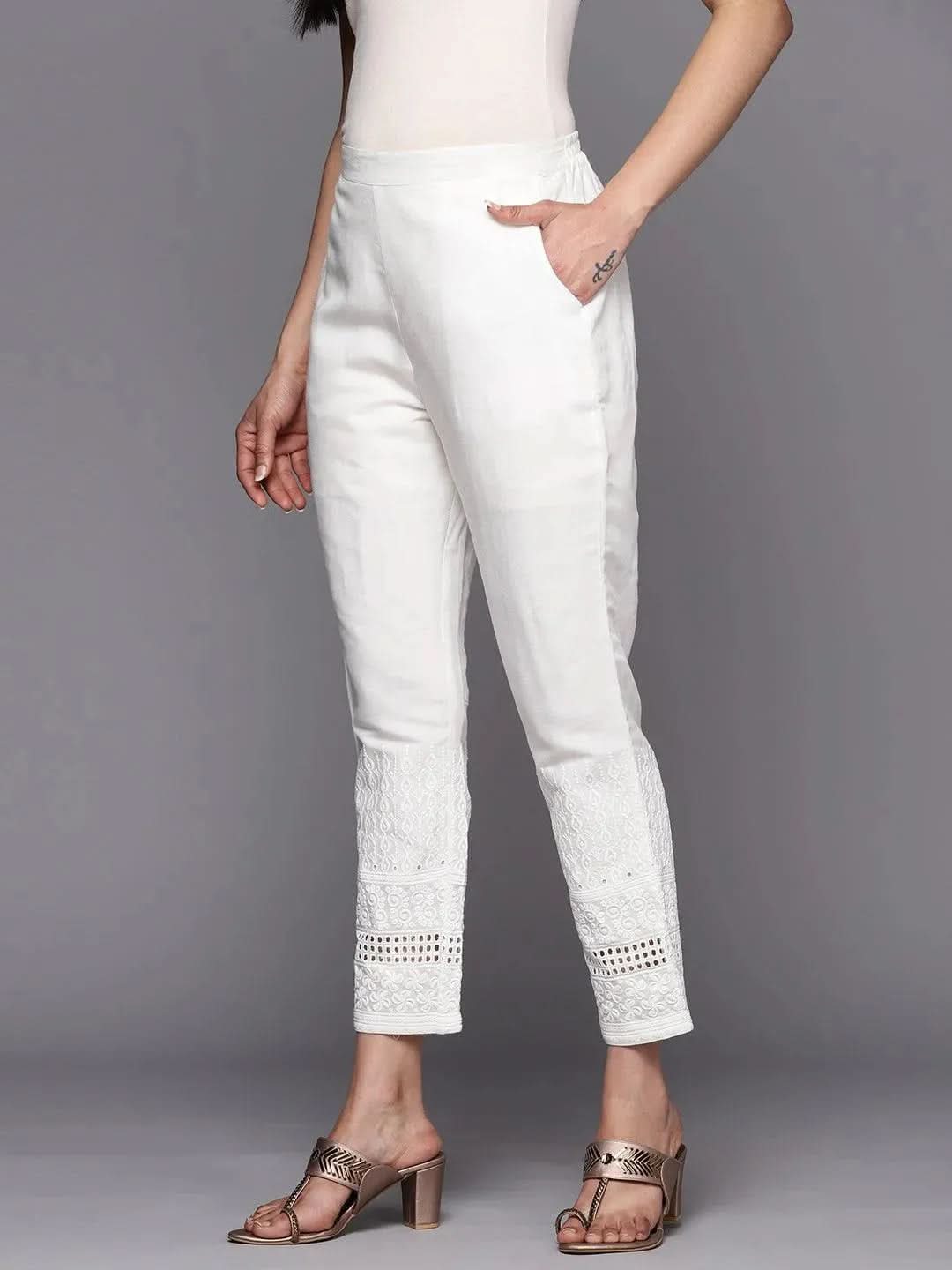 White Solid Cotton Trousers - Libas 