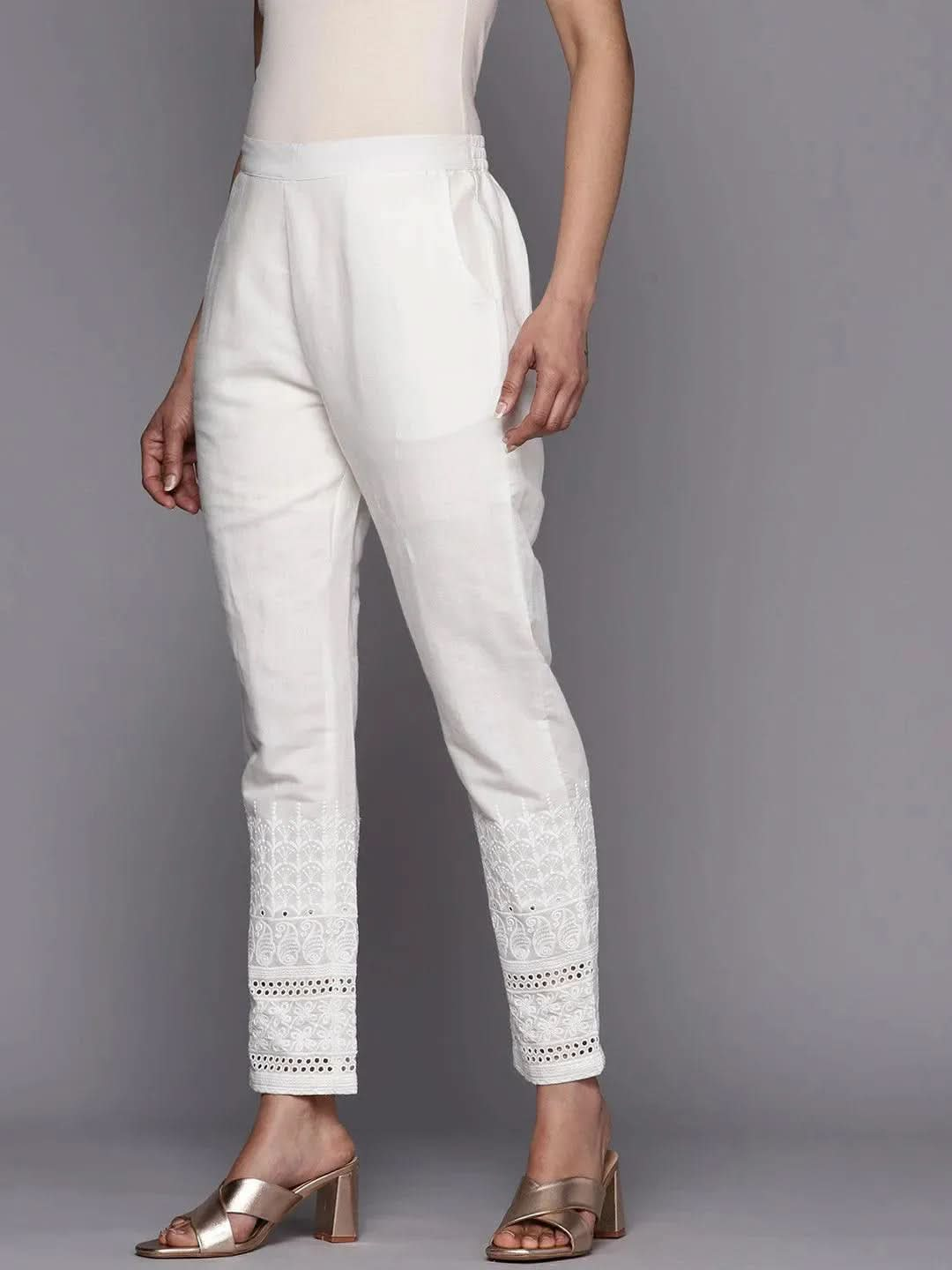 White Solid Cotton Trousers - Libas