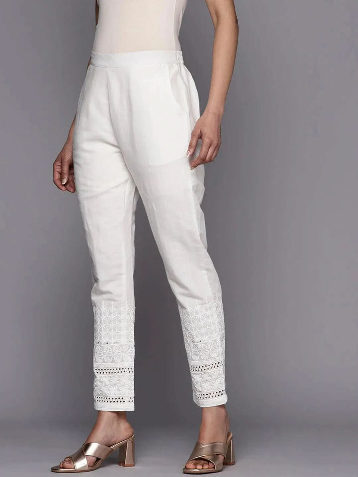 White Solid Cotton Trousers - Libas