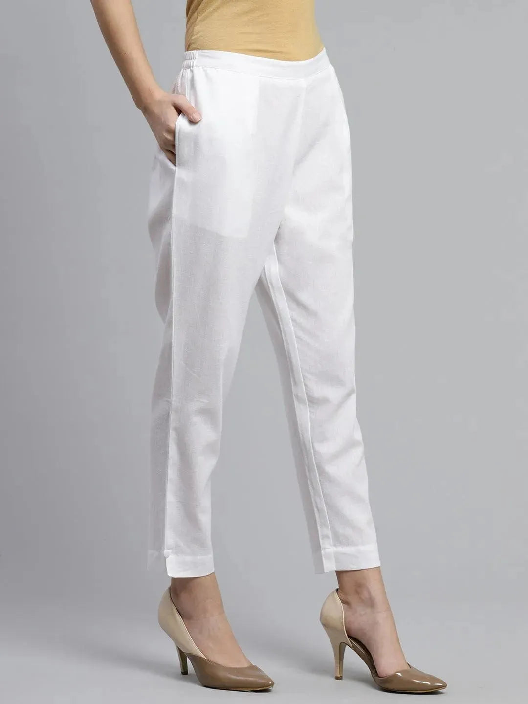 White Solid Cotton Trousers - Libas 