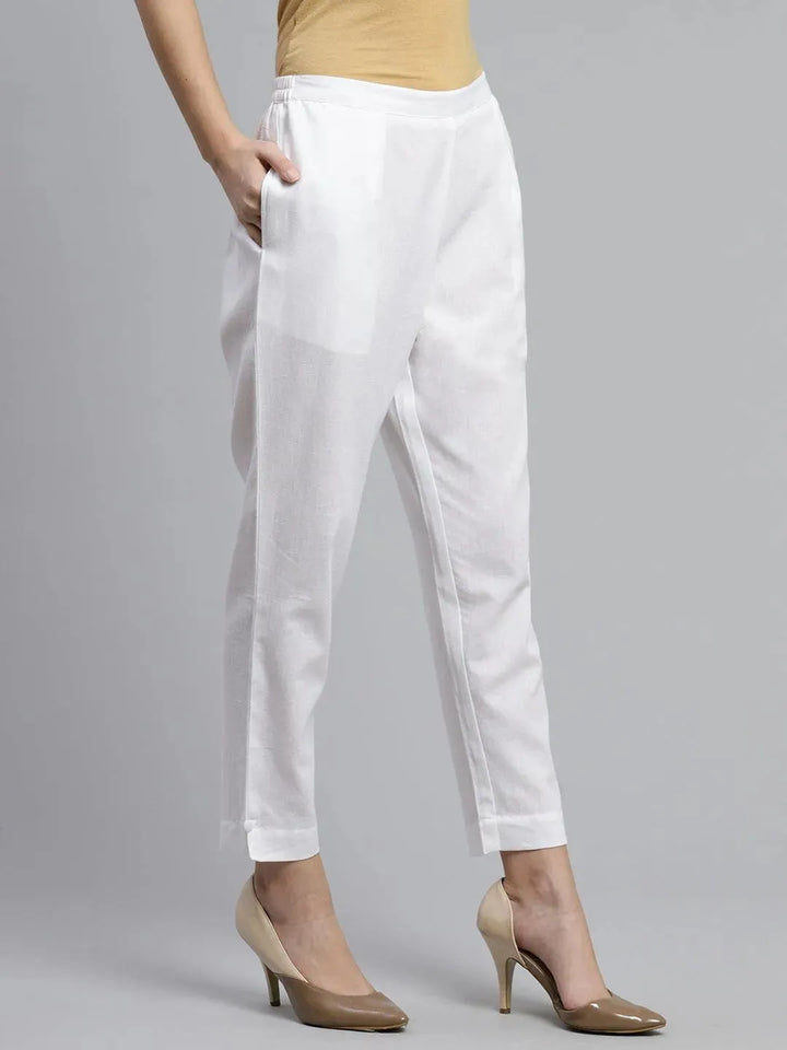 White Solid Cotton Trousers - Libas