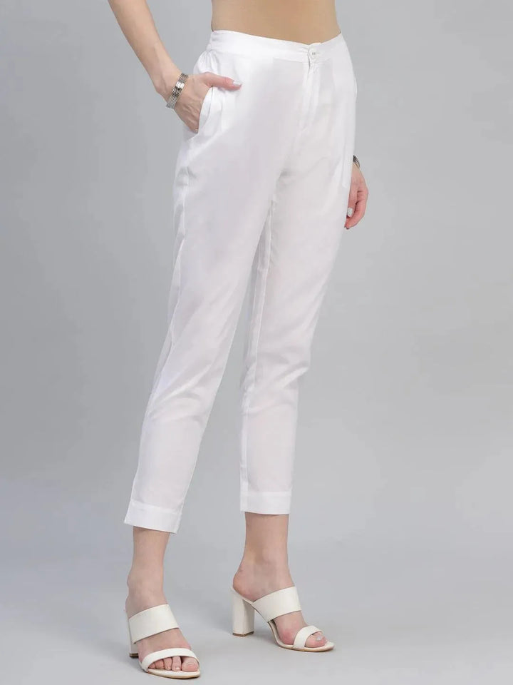 White Solid Cotton Trousers - Libas