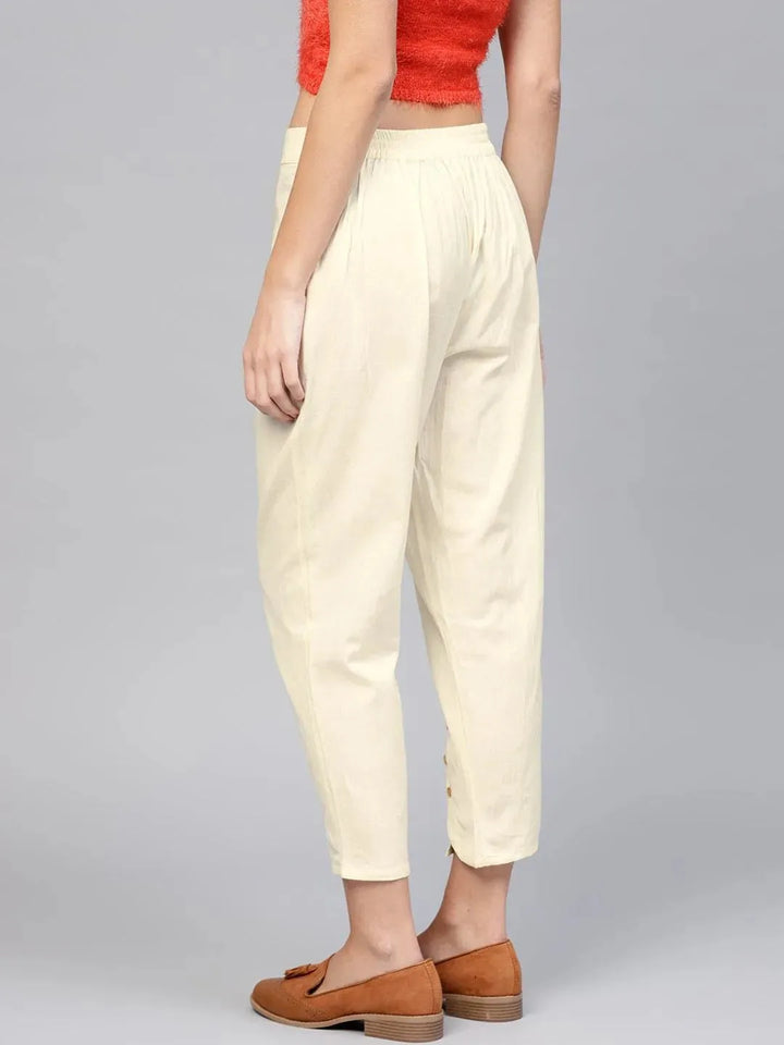 White Solid Cotton Trousers - Libas