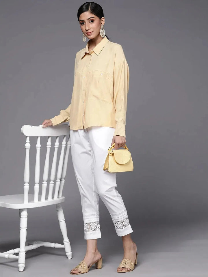 White Solid Cotton Trousers - Libas