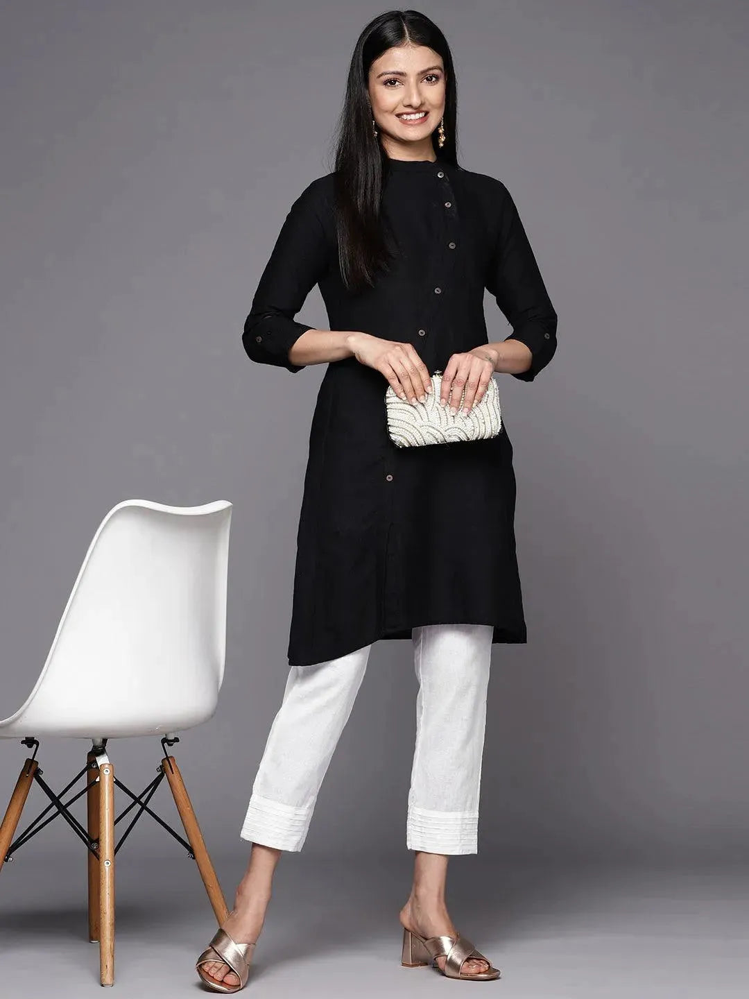 White Solid Cotton Trousers - Libas 