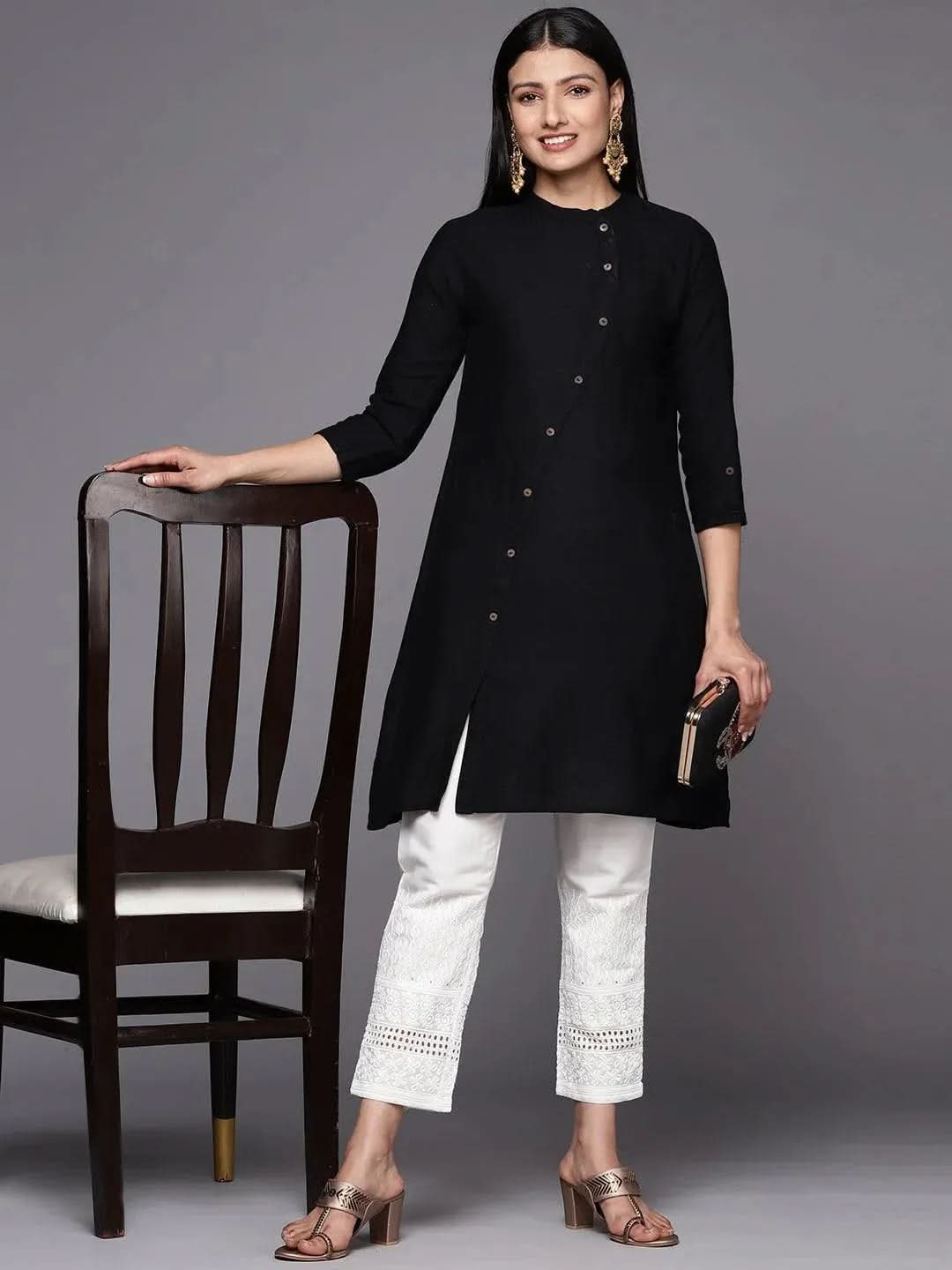 White Solid Cotton Trousers - Libas 