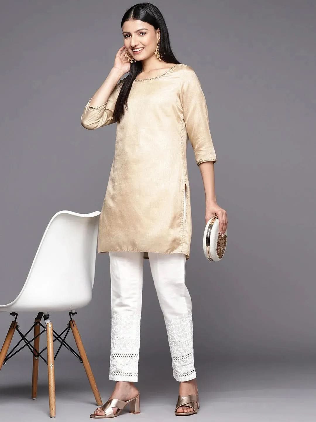 White Solid Cotton Trousers - Libas 