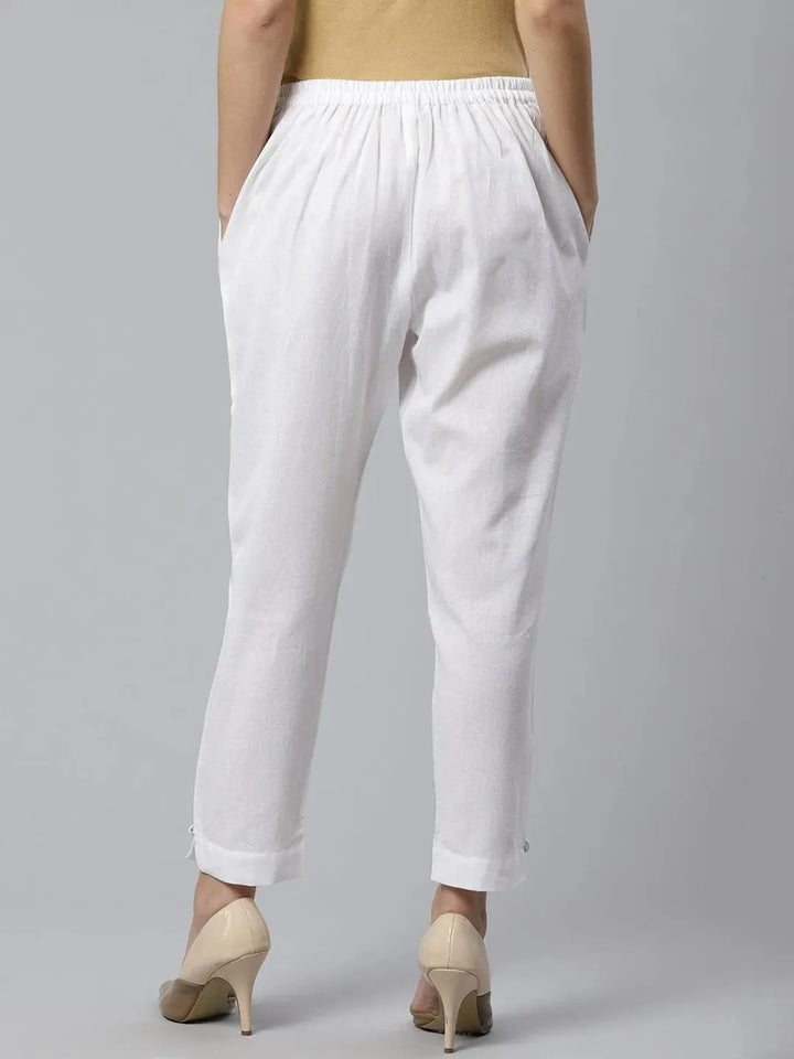 White Solid Cotton Trousers - Libas