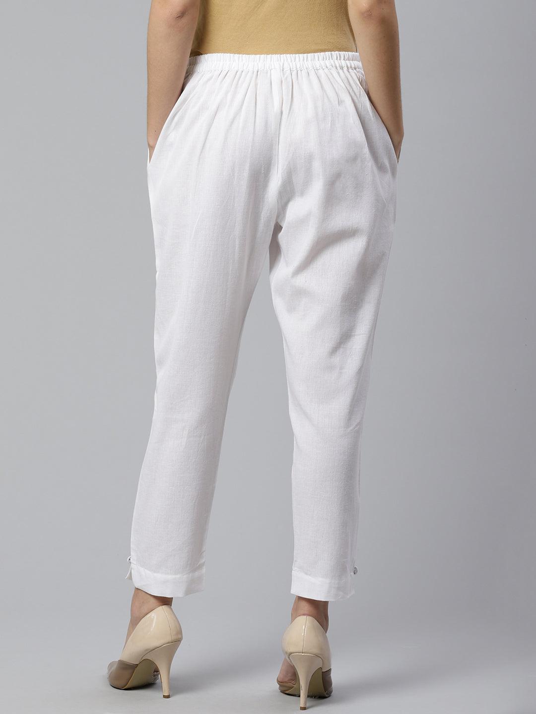 White Solid Cotton Trousers - Libas
