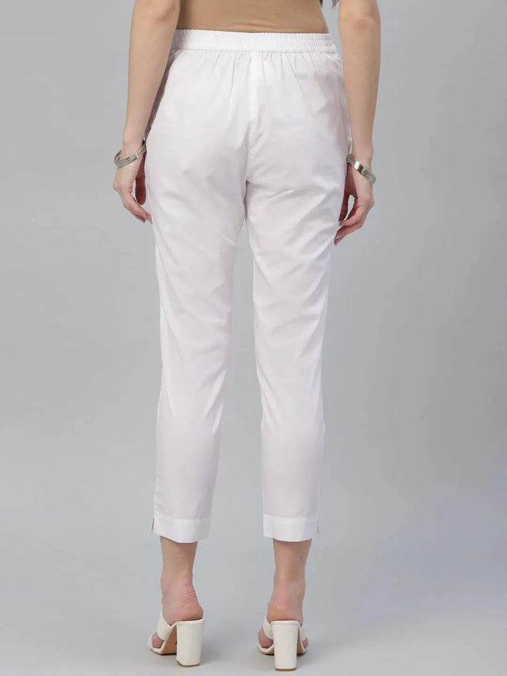 White Solid Cotton Trousers - Libas