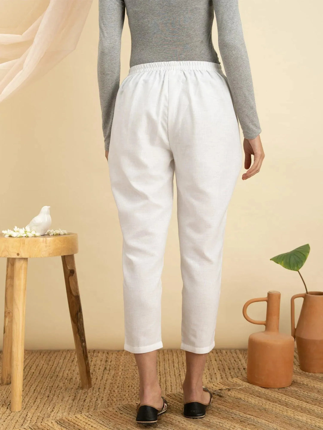 White Solid Cotton Trousers - Libas