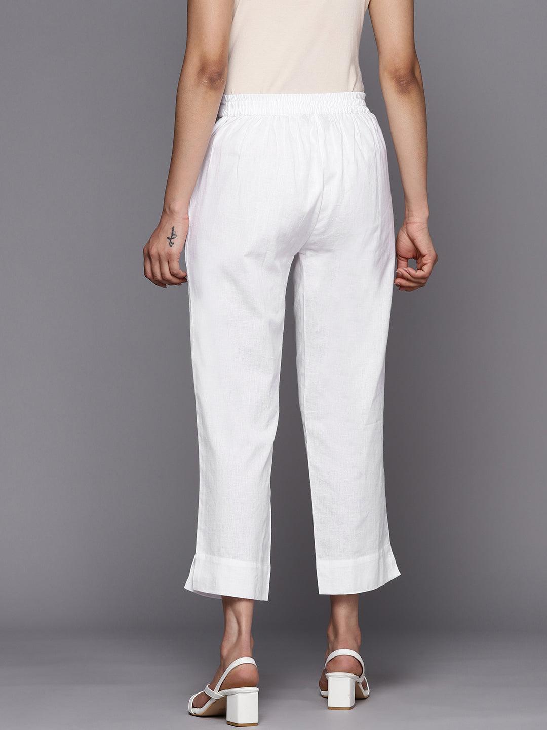 White Solid Cotton Trousers