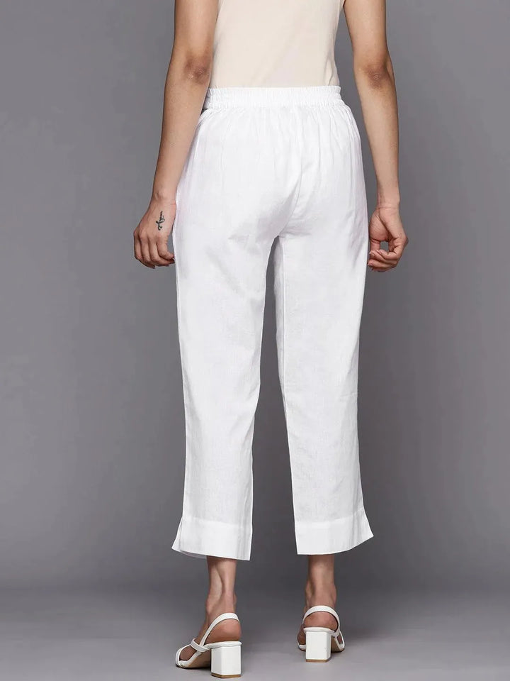 White Solid Cotton Trousers - Libas