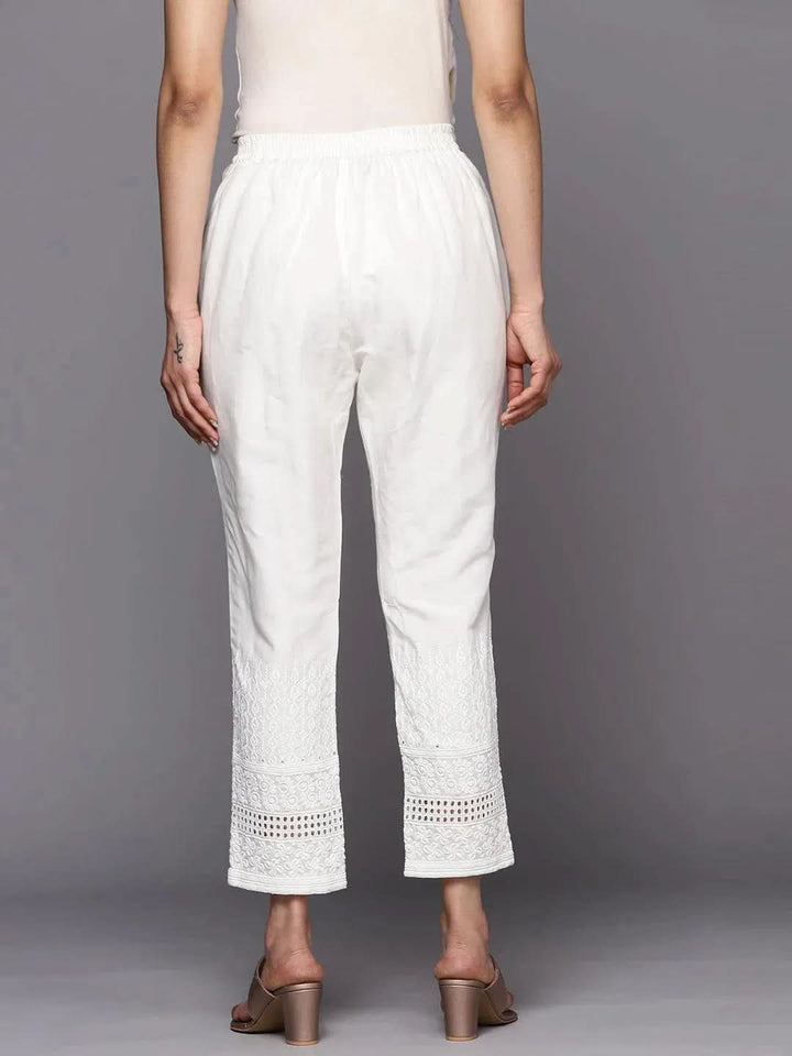 White Solid Cotton Trousers - Libas