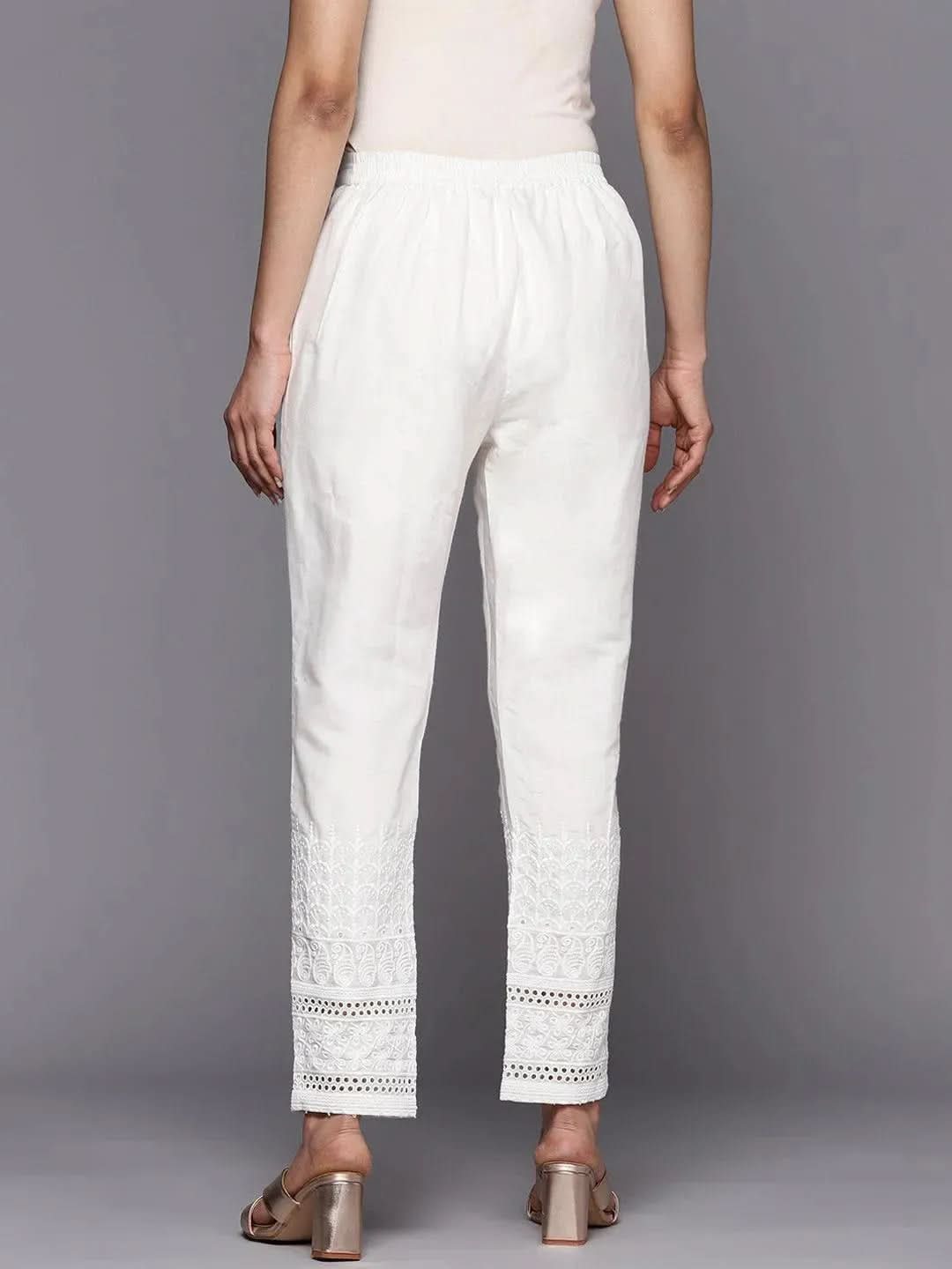 White Solid Cotton Trousers - Libas 