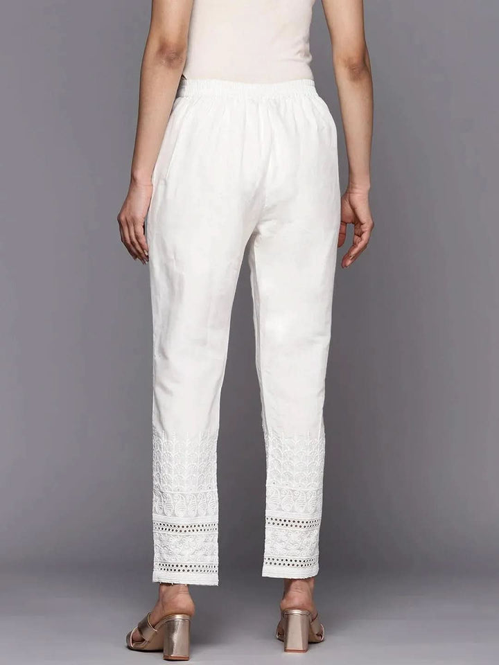 White Solid Cotton Trousers - Libas