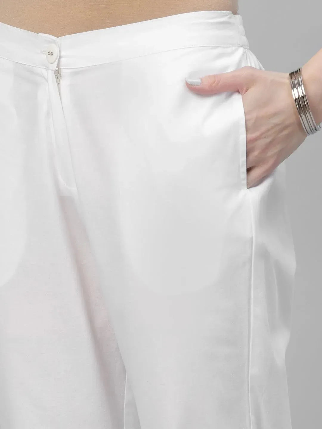 White Solid Cotton Trousers - Libas