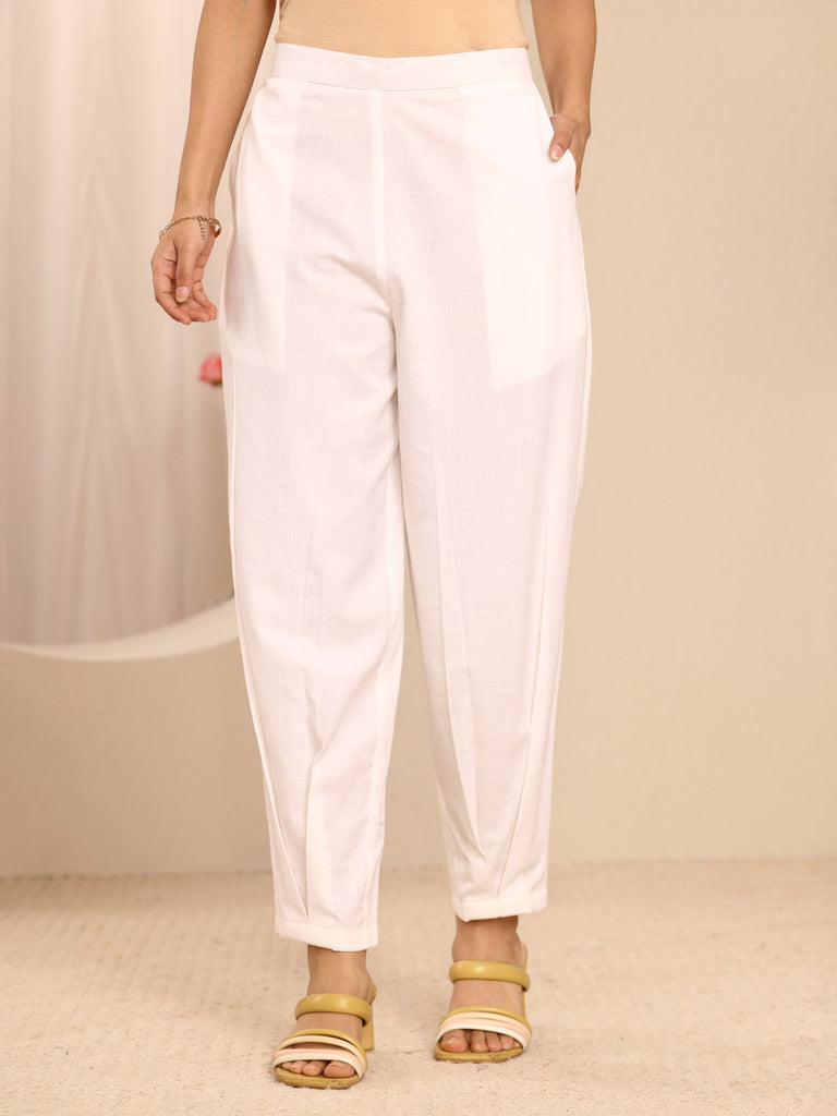 Libas White Solid Cotton Trousers