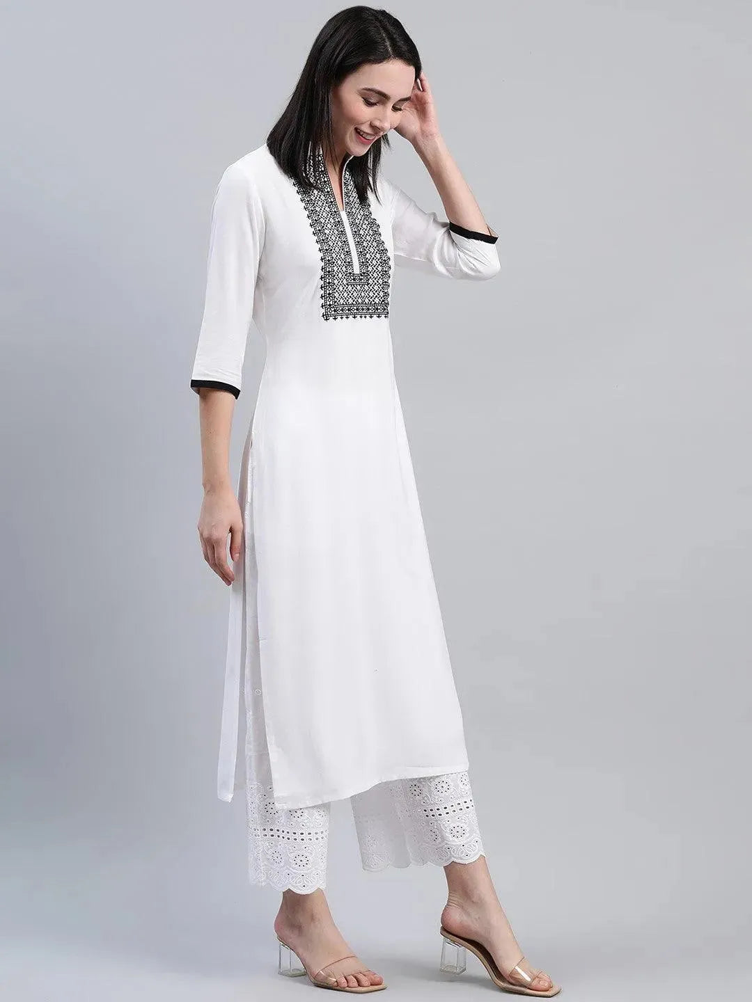 White Solid Rayon Kurta - Libas 