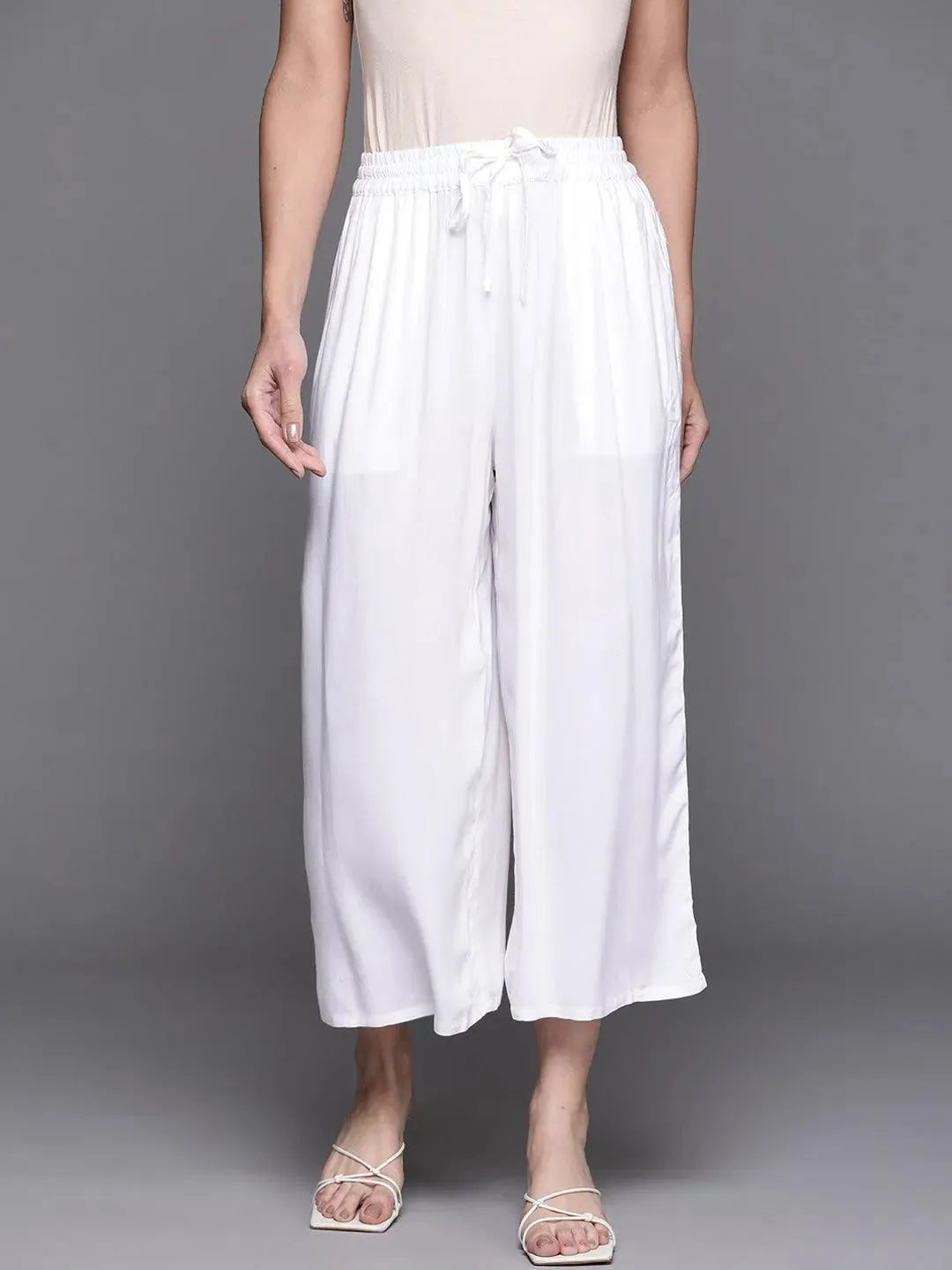 White Solid Rayon Palazzos - Libas