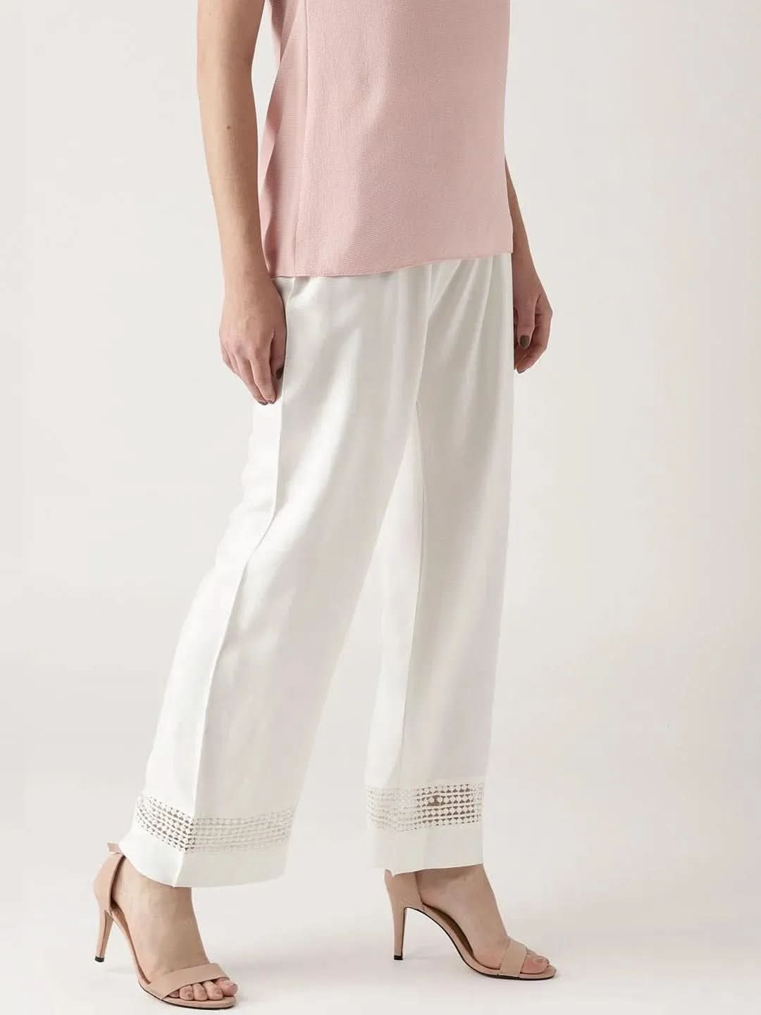 White Solid Rayon Palazzos - Libas 