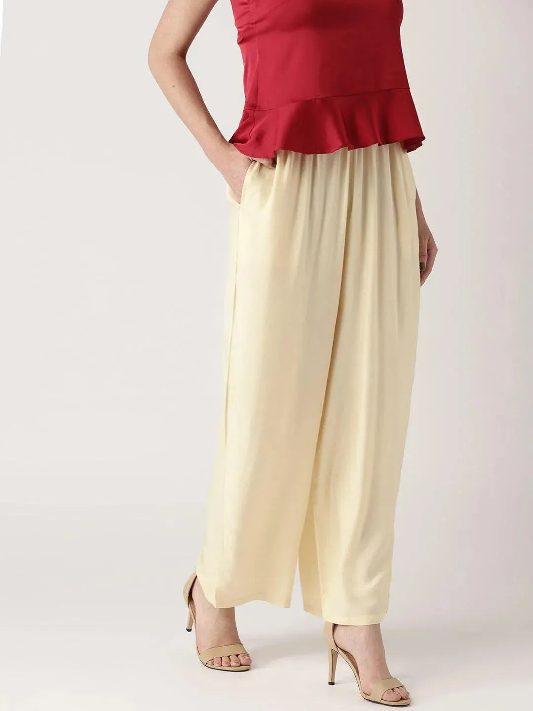 White Solid Rayon Palazzos - Libas