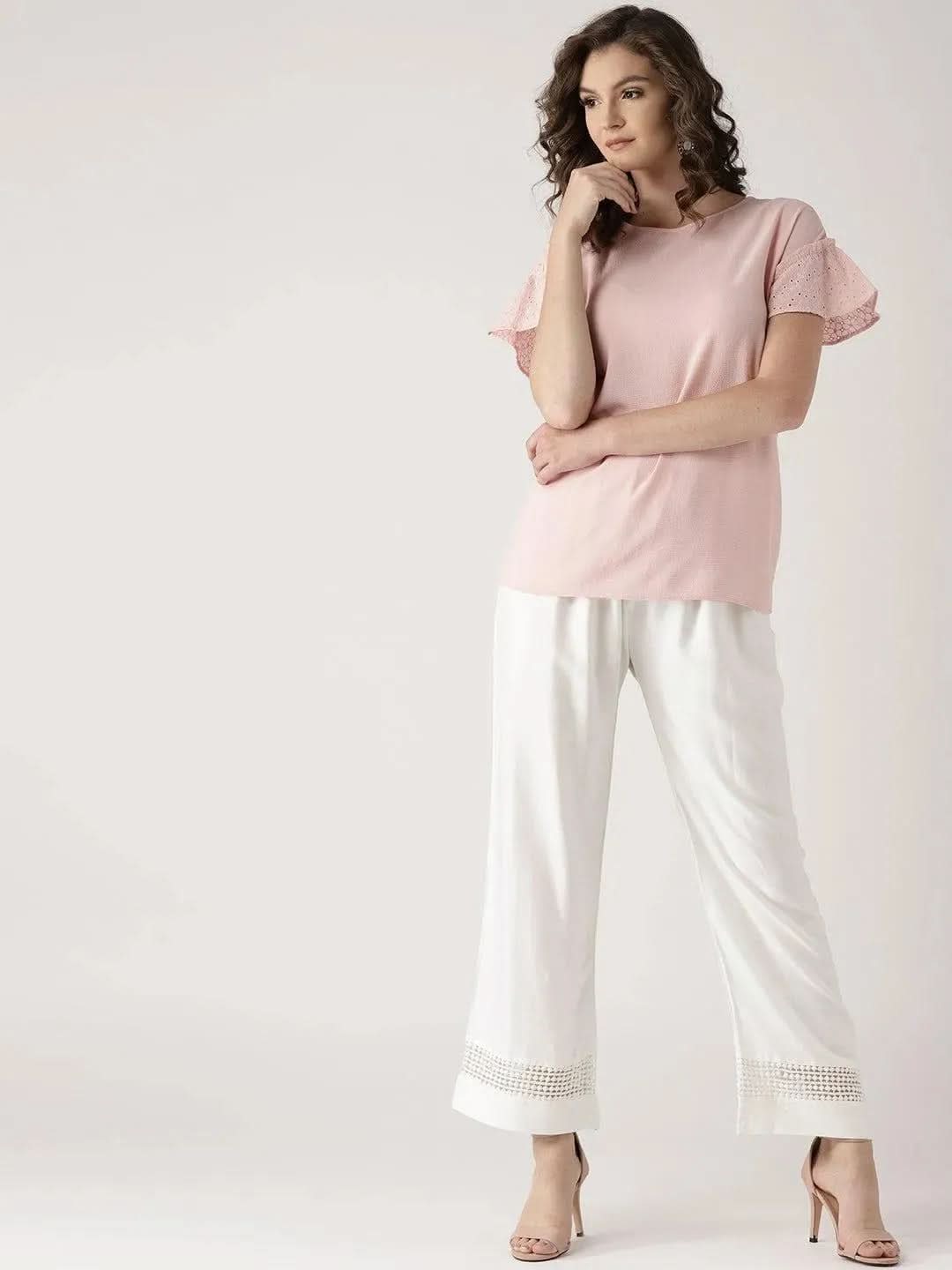 White Solid Rayon Palazzos - Libas 