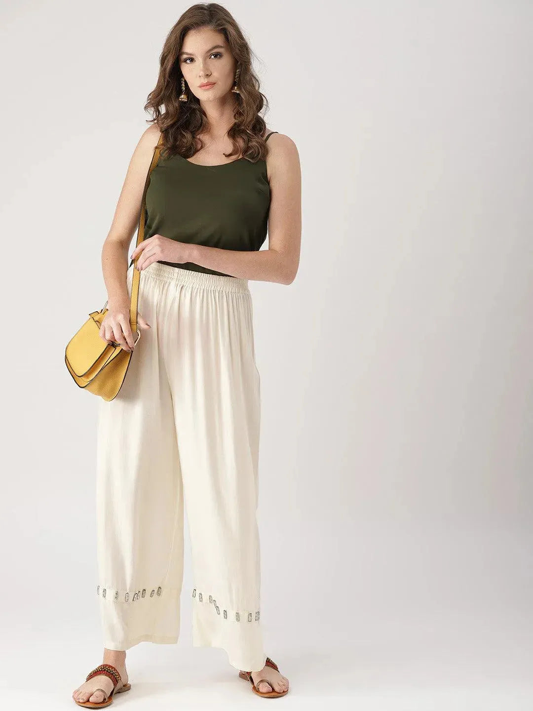 White Solid Rayon Palazzos - Libas 