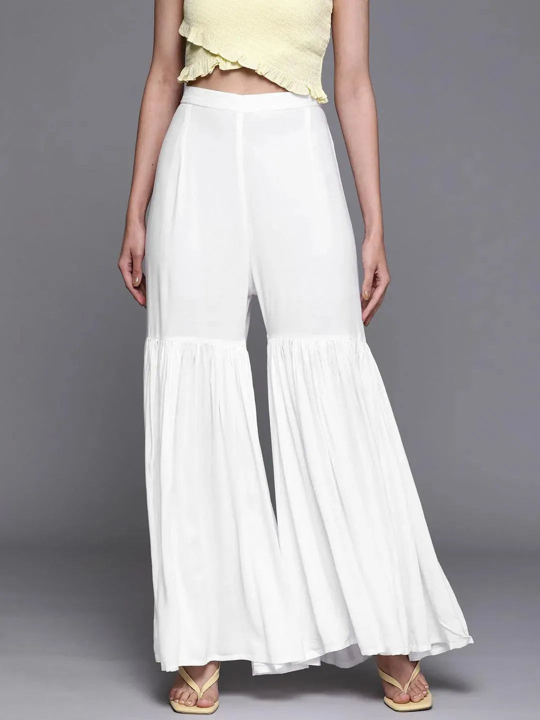 White Solid Rayon Sharara Pants - Libas
