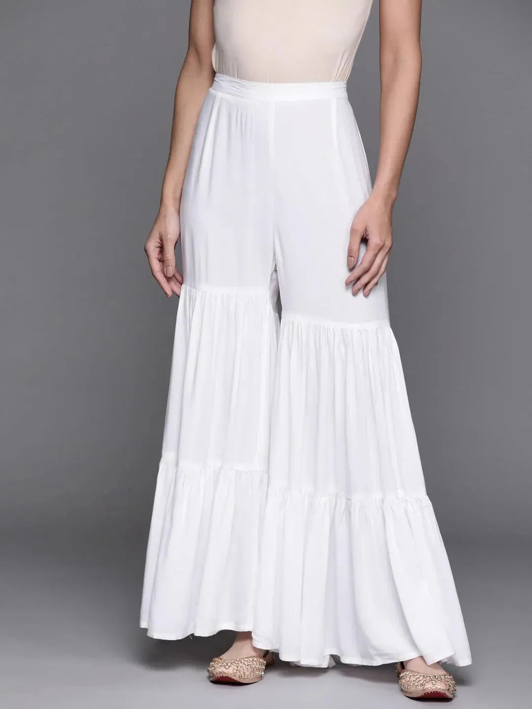 White Solid Rayon Sharara Pants - Libas